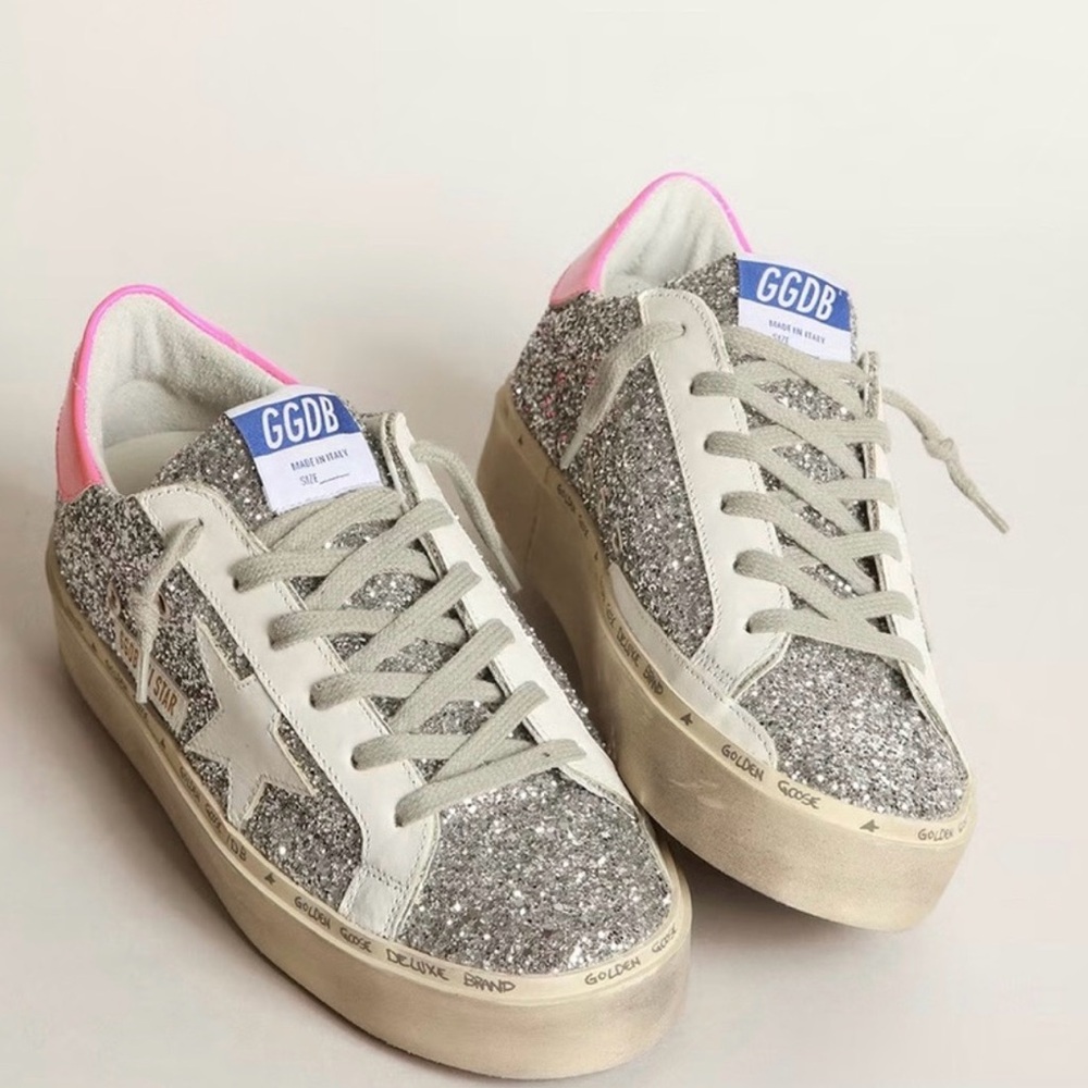 Golden goose glitter hi stars with pink heel tab